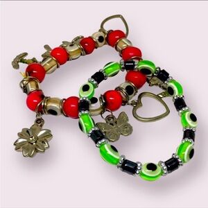 2 Stretch Evil Eye Bracelets , One W/ Hematite